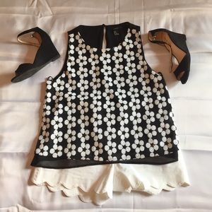 Black & White Daisy Sequined Tank Blouse